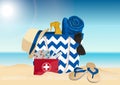 Beach bag and road first-aid kit. Summer accessories. Vector illustration. Royalty Free Stock Photo